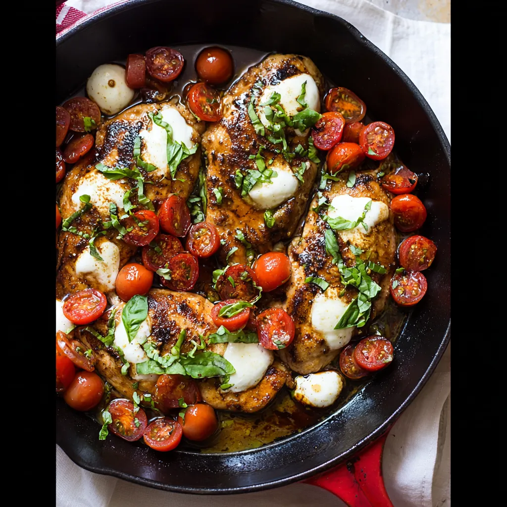 A pan of chicken with tomatoes and cheese.