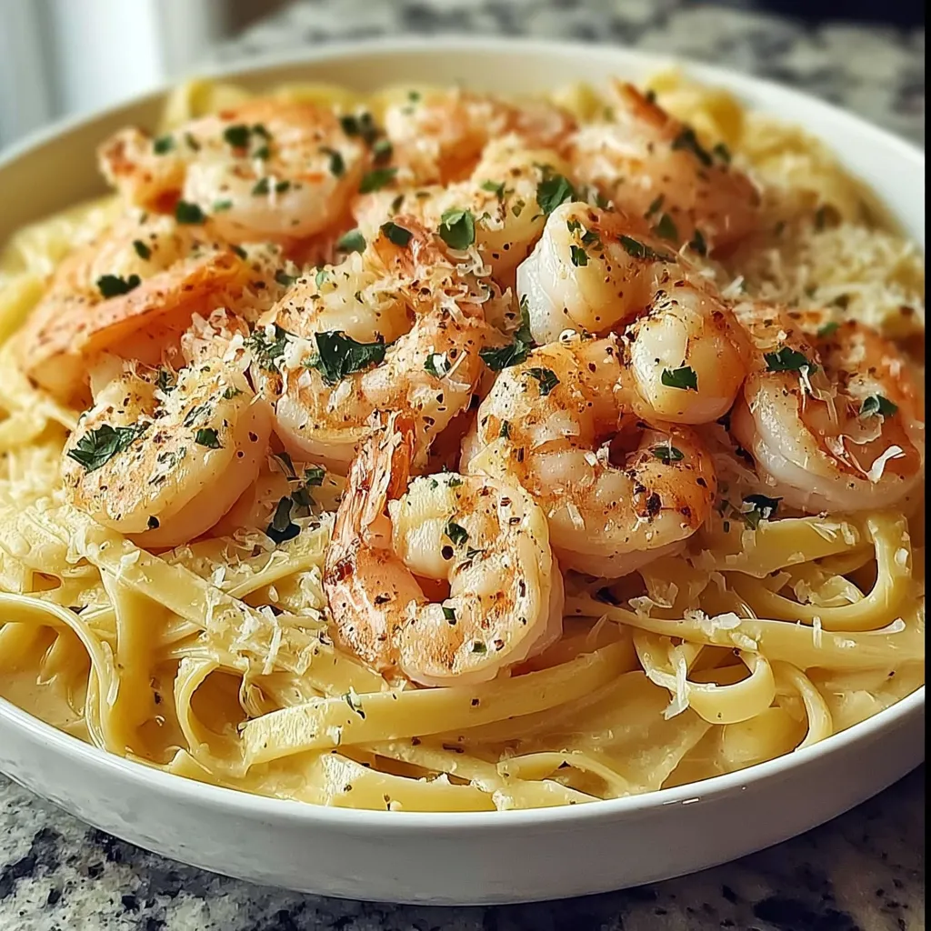 A bowl of shrimp and pasta.