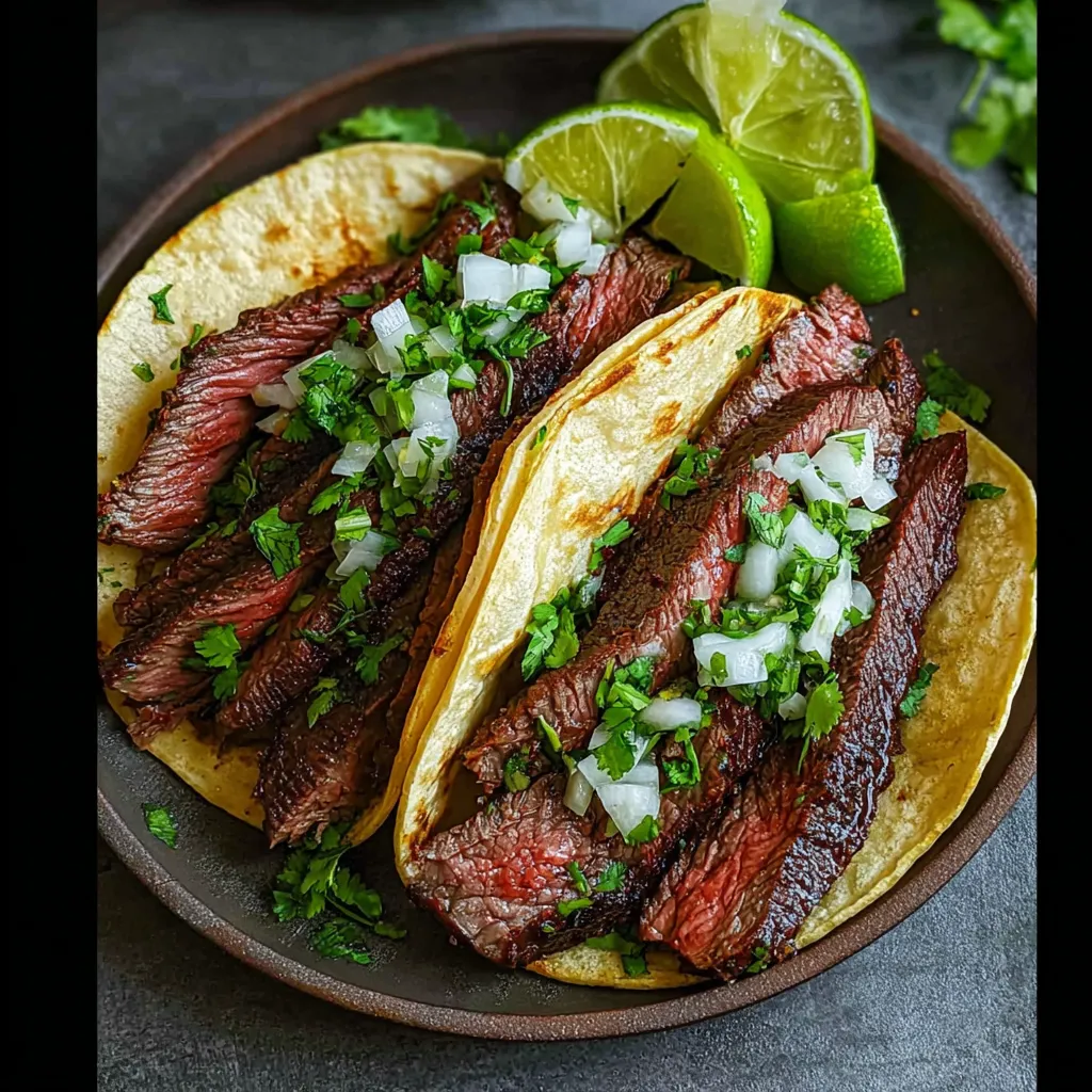 Two tacos with steak and lime wedges.
