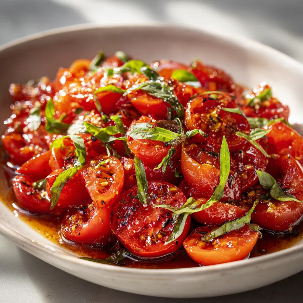 A bowl of tomatoes with herbs.