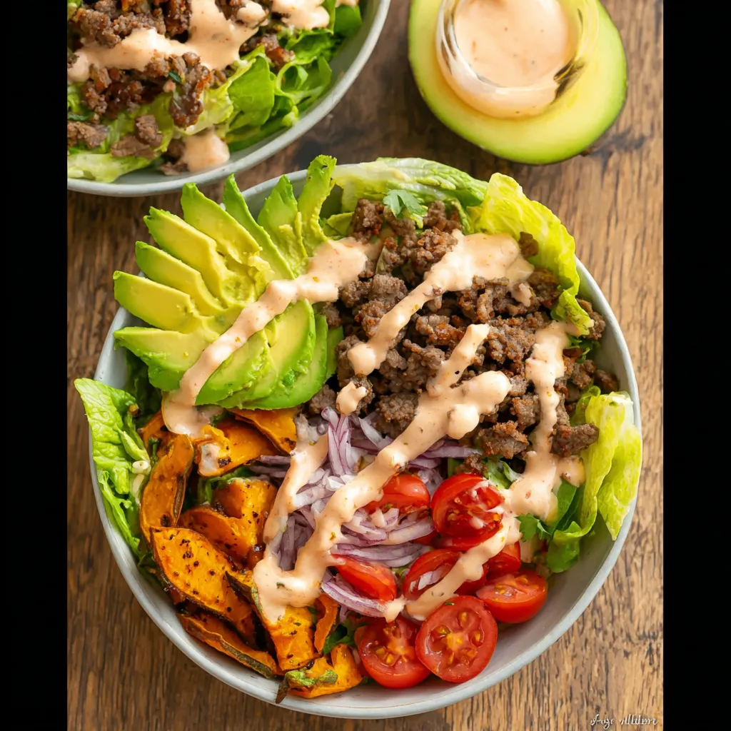 A bowl of salad with meat and vegetables.