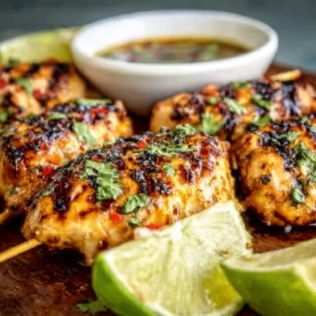 A plate of food with limes and a bowl of sauce.
