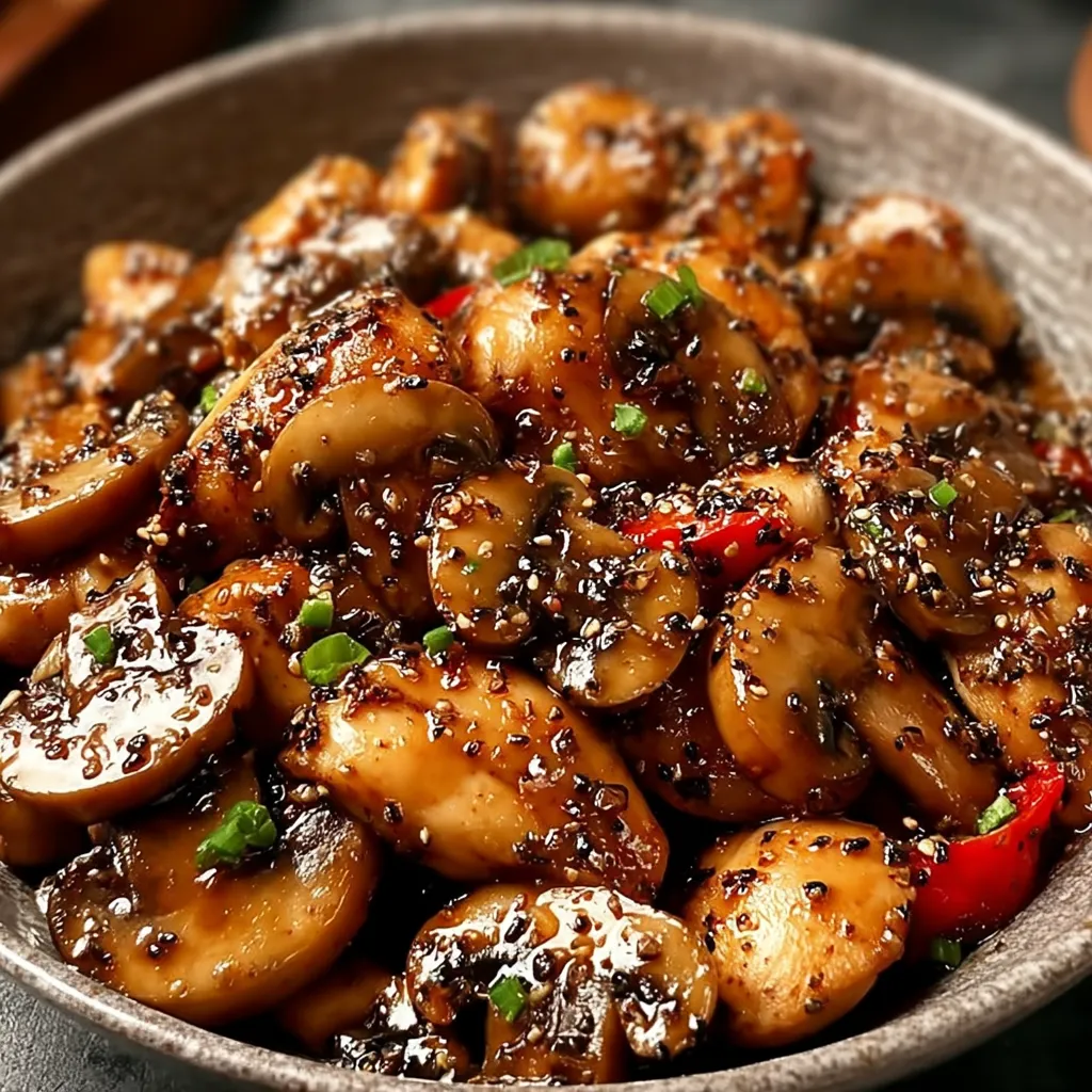 A bowl of food with mushrooms and peppers.