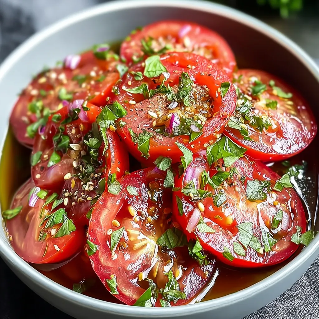A bowl of sliced tomatoes with herbs.