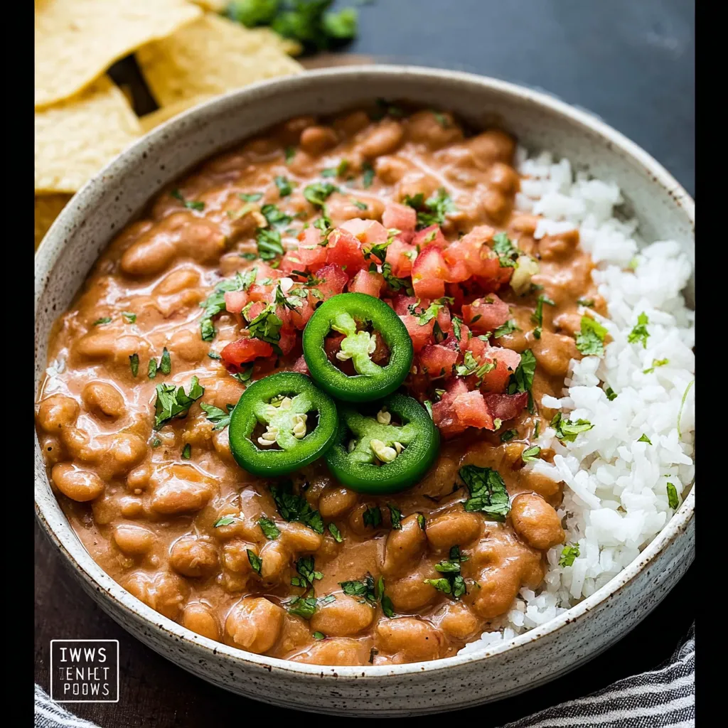 A bowl of beans with jalapenos and tomatoes.