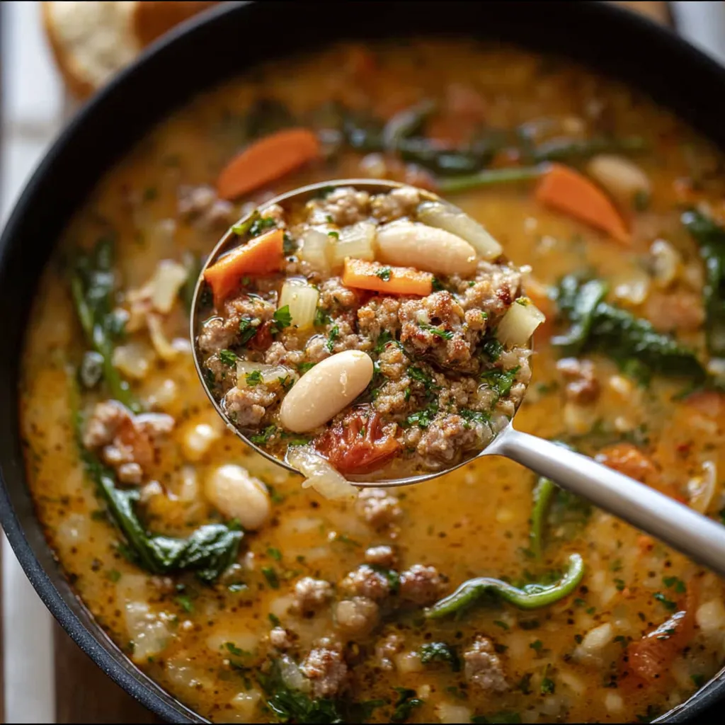 A spoon is in a bowl of soup.