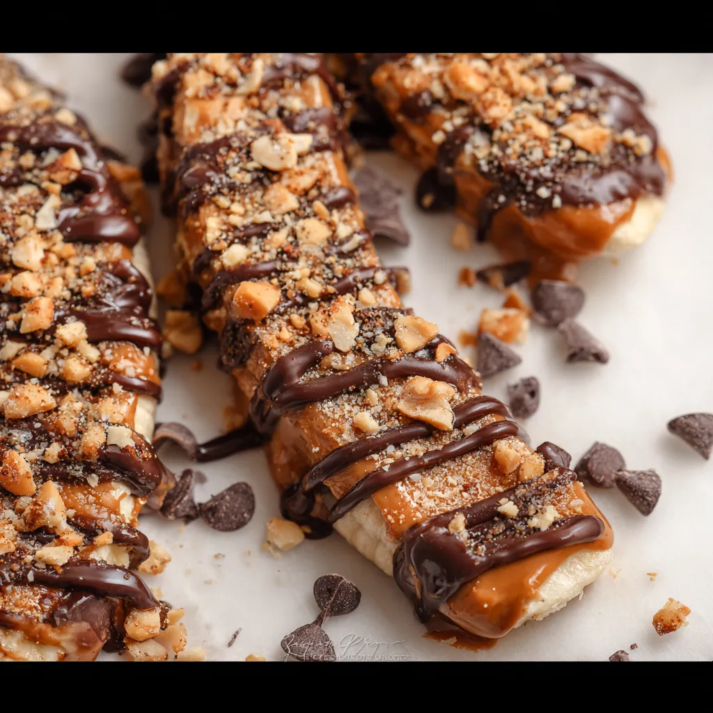 A banana split with chocolate and nuts.