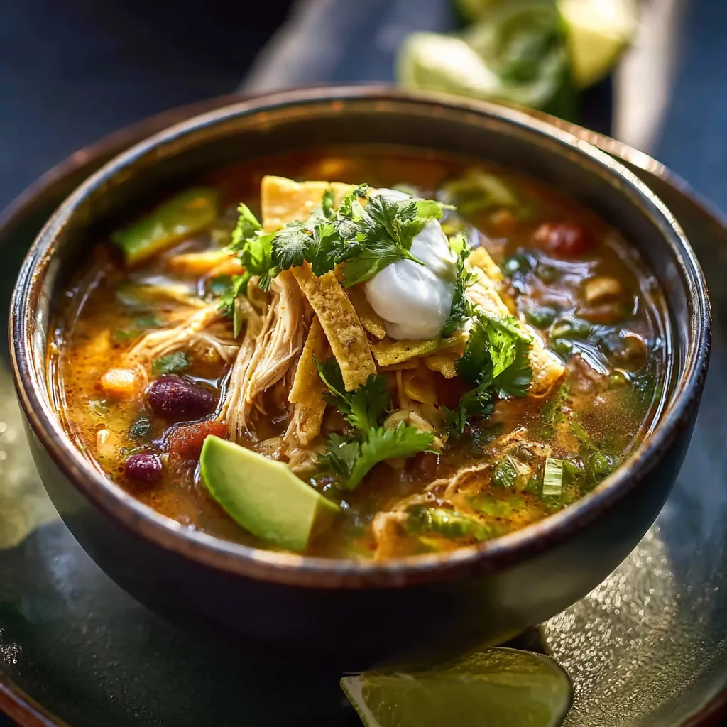 A bowl of soup with a spoon in it.