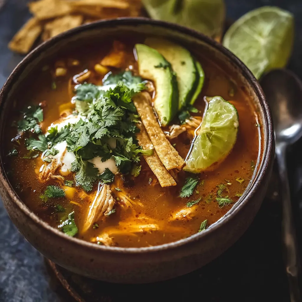 A bowl of soup with chips and avocado.