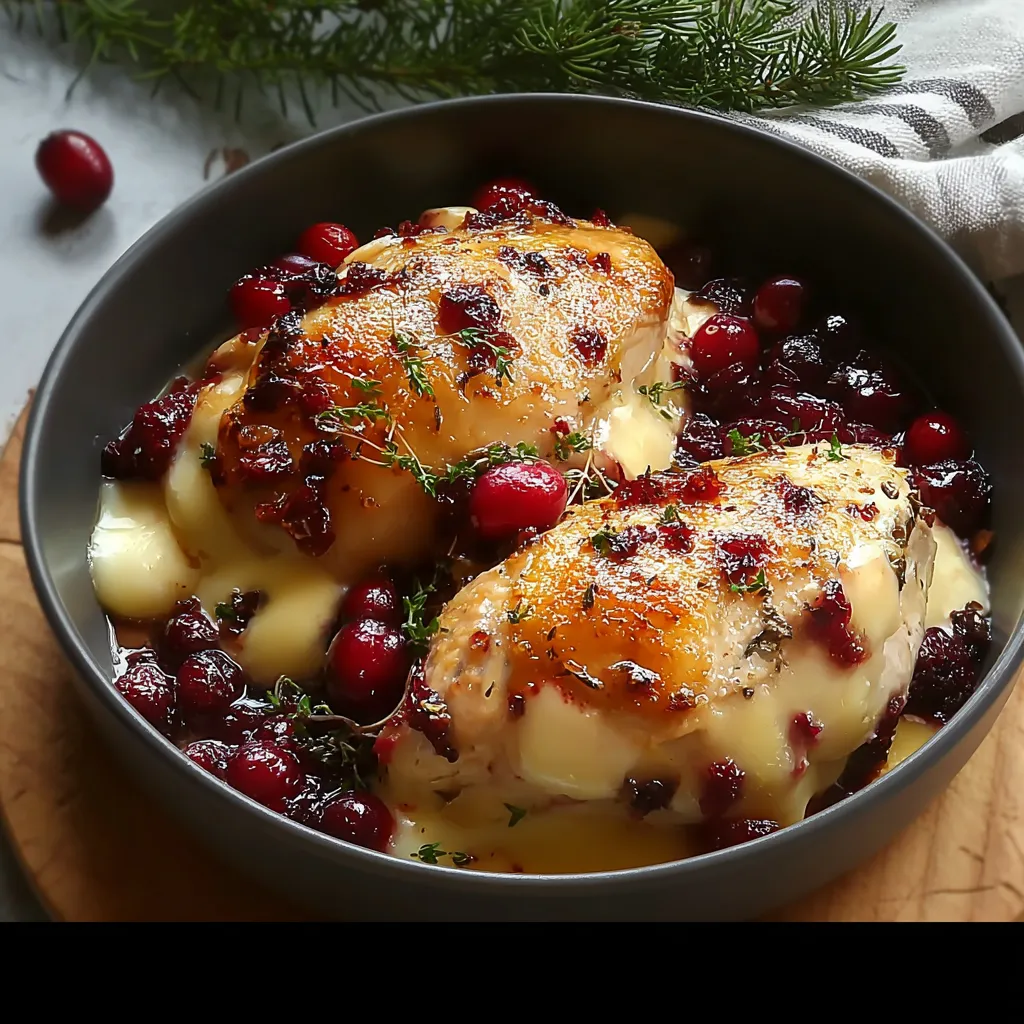 A bowl of food with chicken and cranberries.
