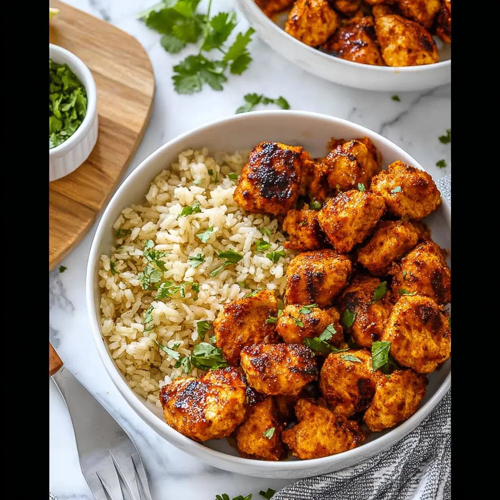 A bowl of rice and chicken.
