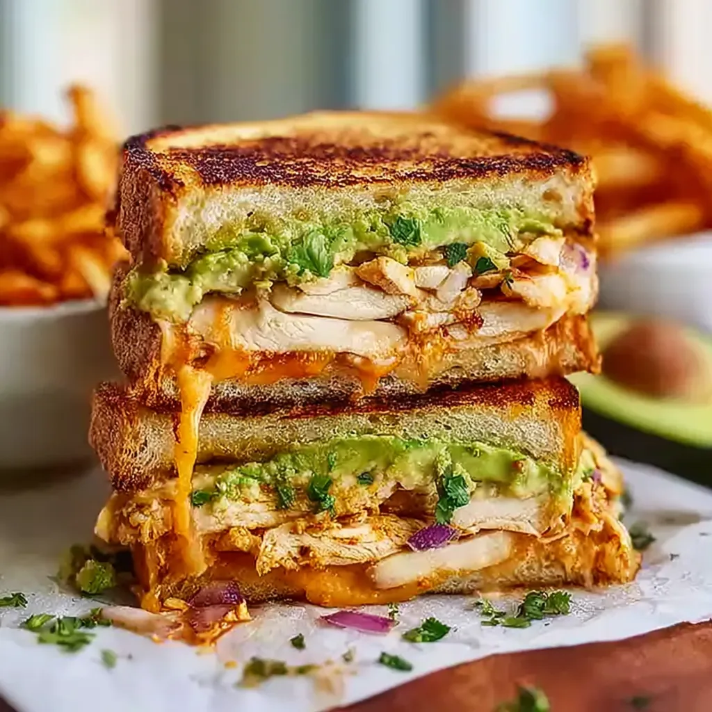 A sandwich with avocado, chicken, and cheese.