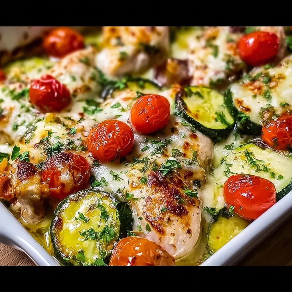 A dish of food with tomatoes, zucchini, and chicken.