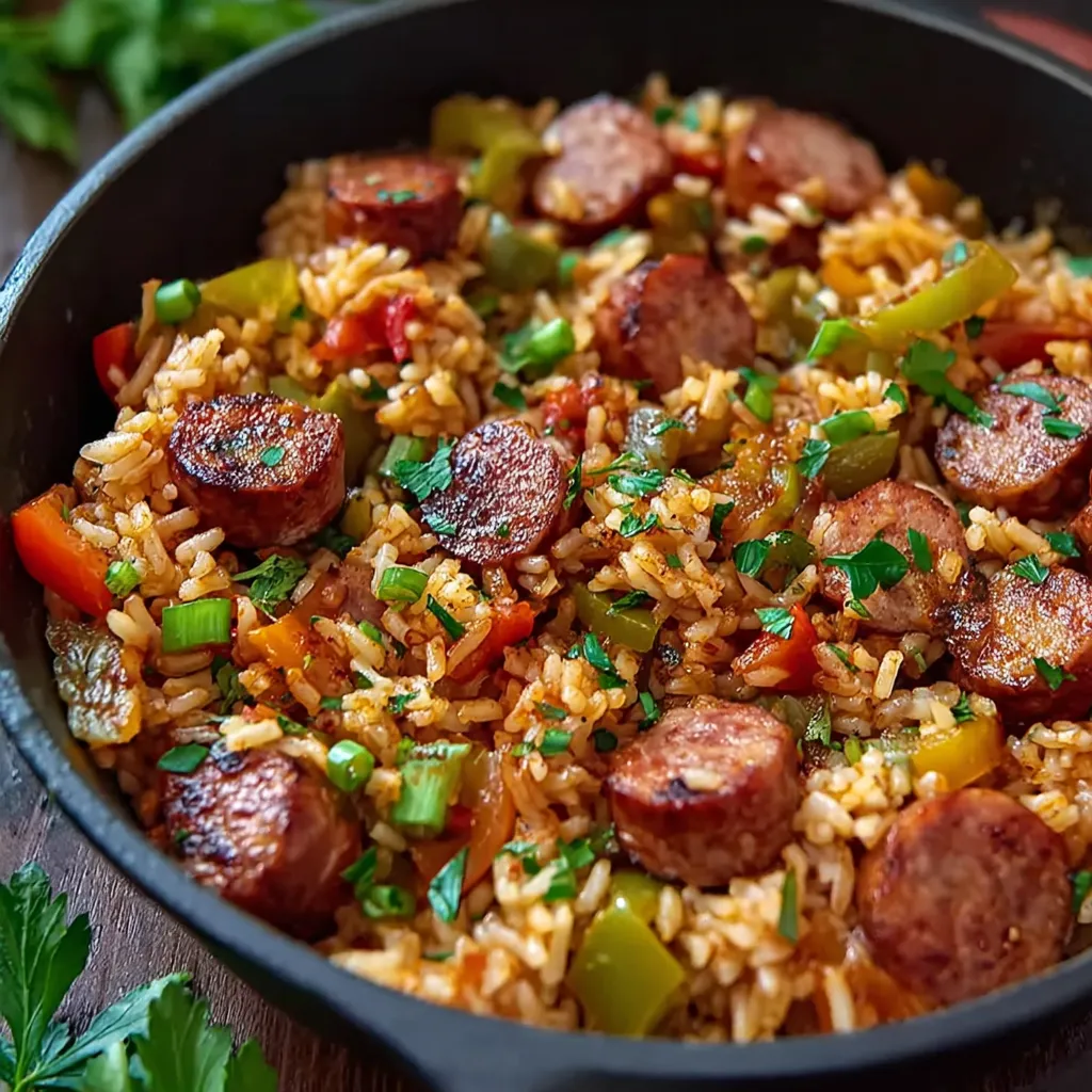 A bowl of rice with sausage and peppers.