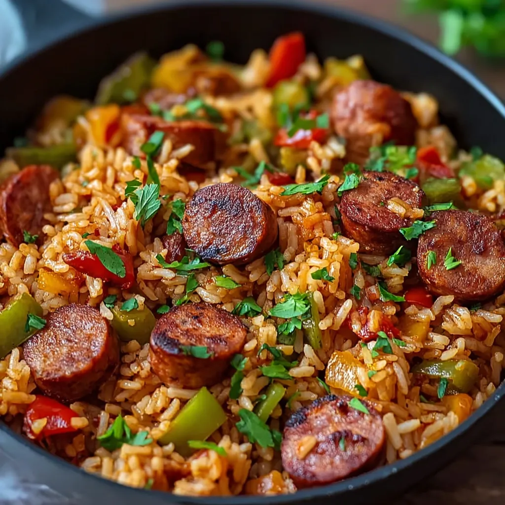 A bowl of rice with sausage and peppers.