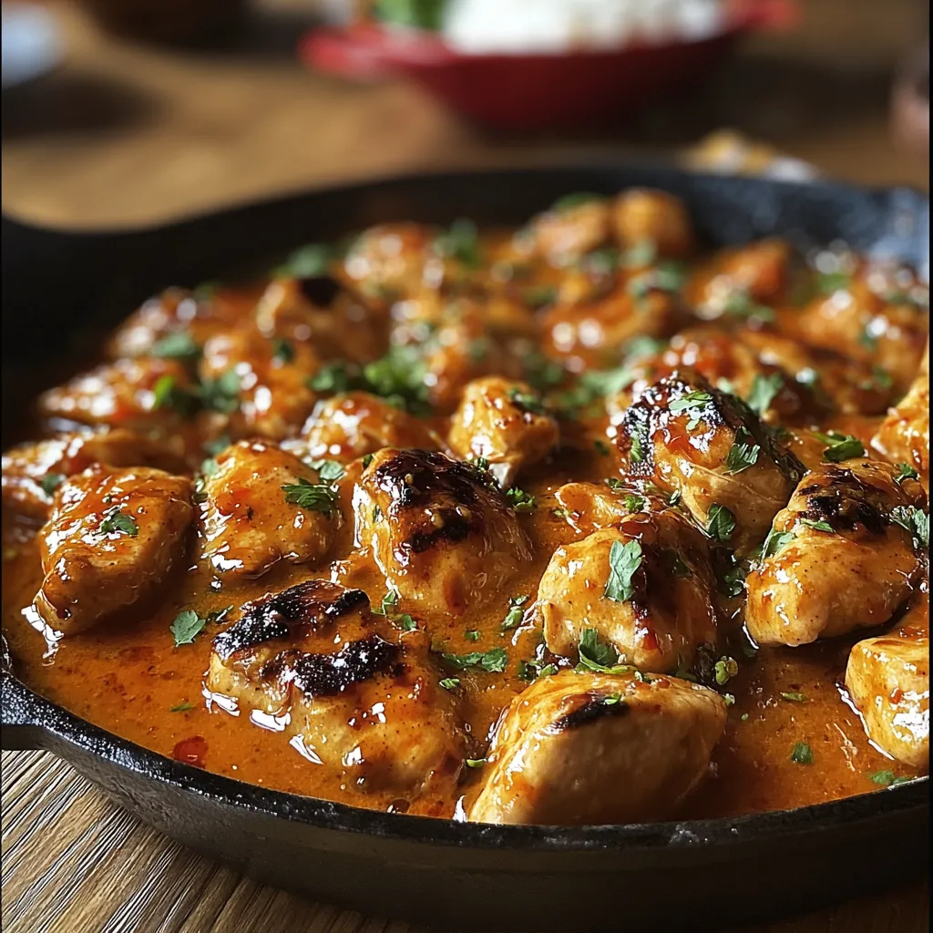 A pan of chicken with a red sauce.