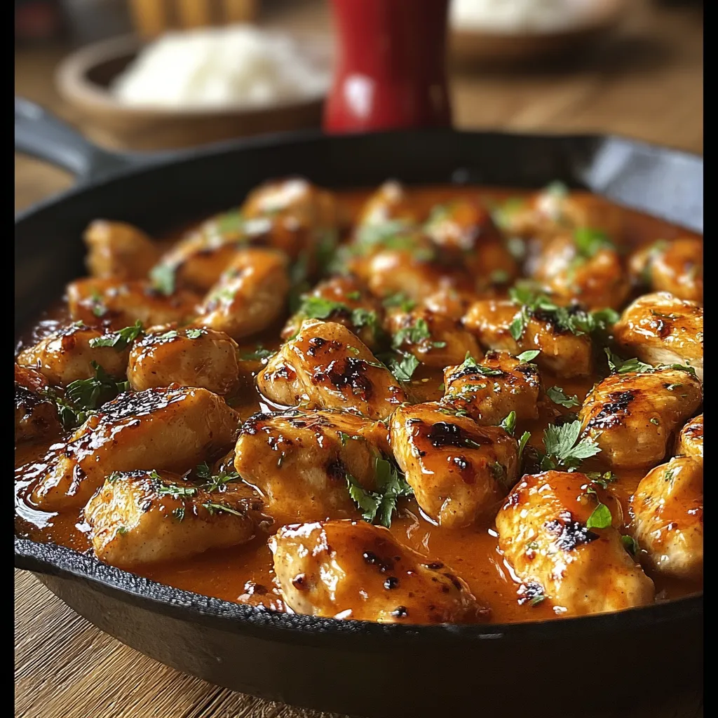 A pan of chicken with sauce.