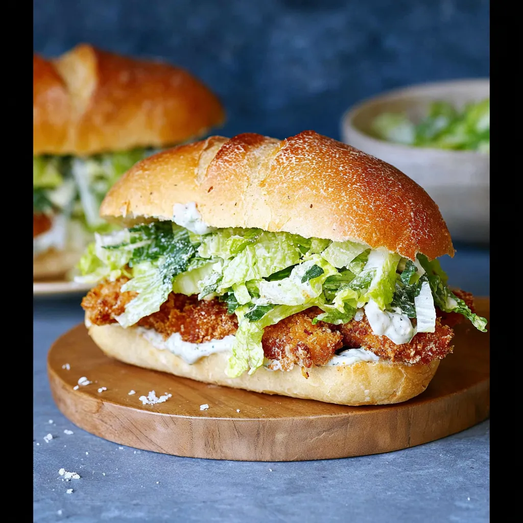 A sandwich with lettuce and chicken on a wooden cutting board.