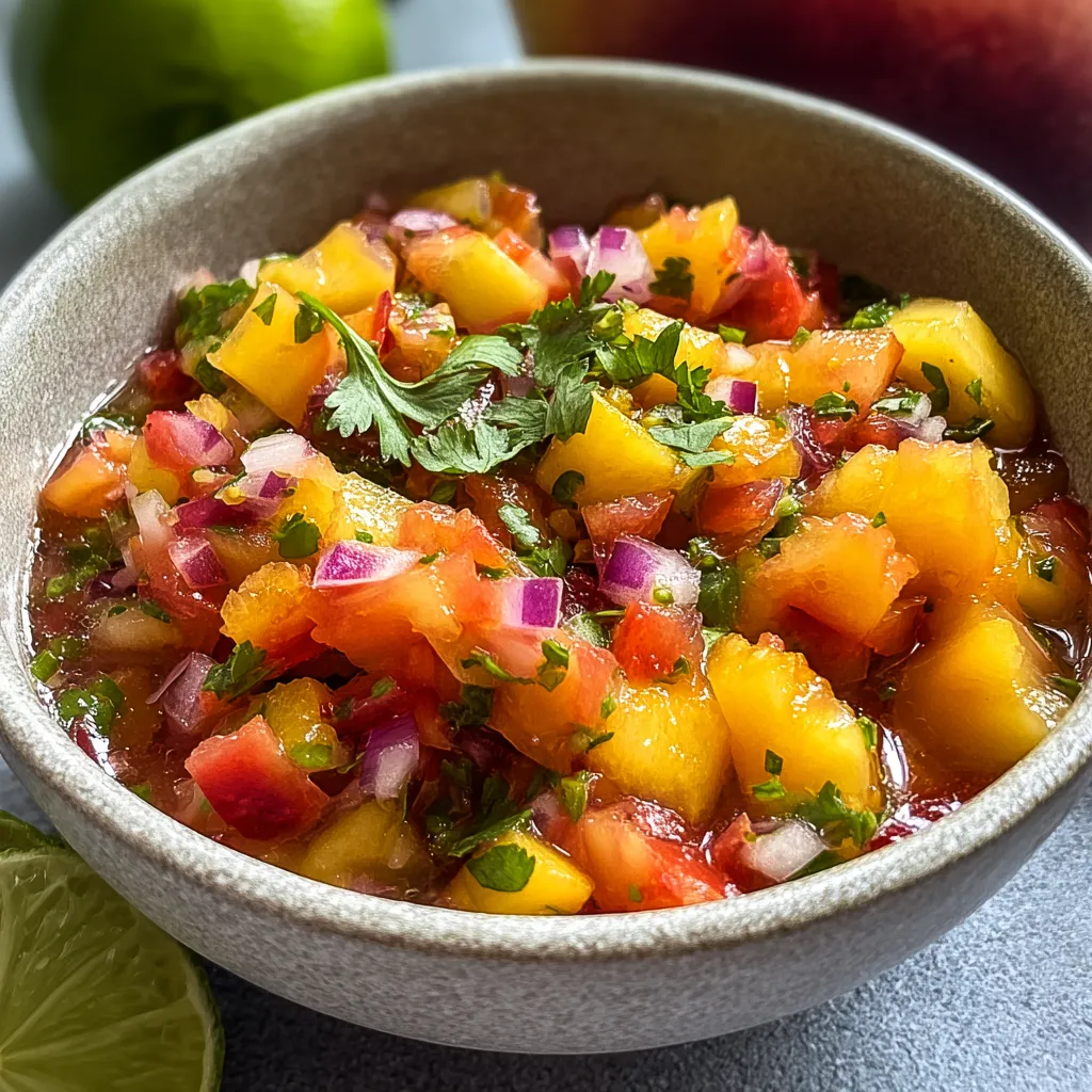 A bowl of salsa with limes and onions.