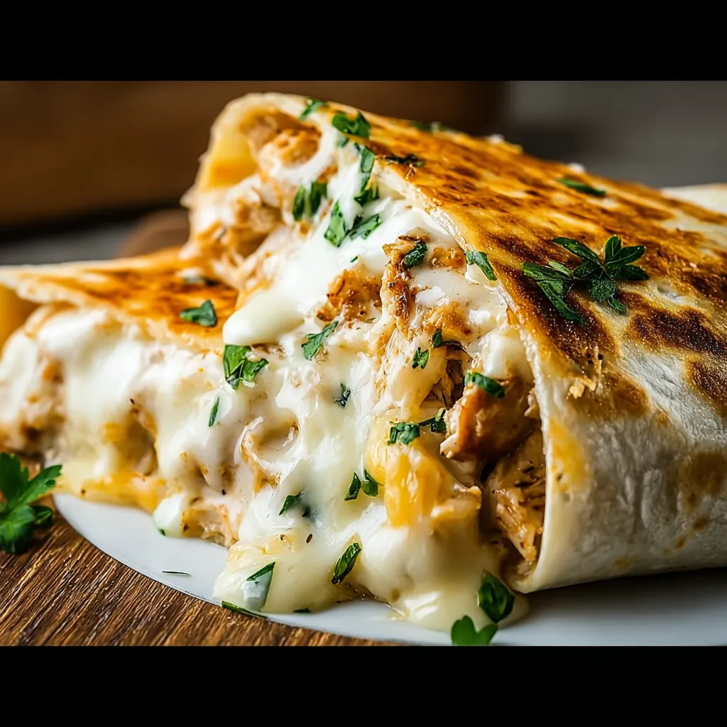A burrito with cheese and chicken.