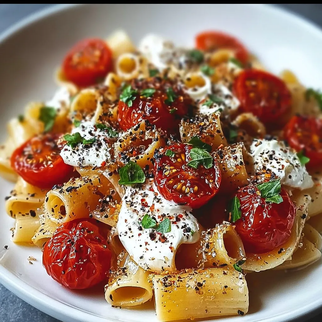 A bowl of pasta with tomatoes and cheese.