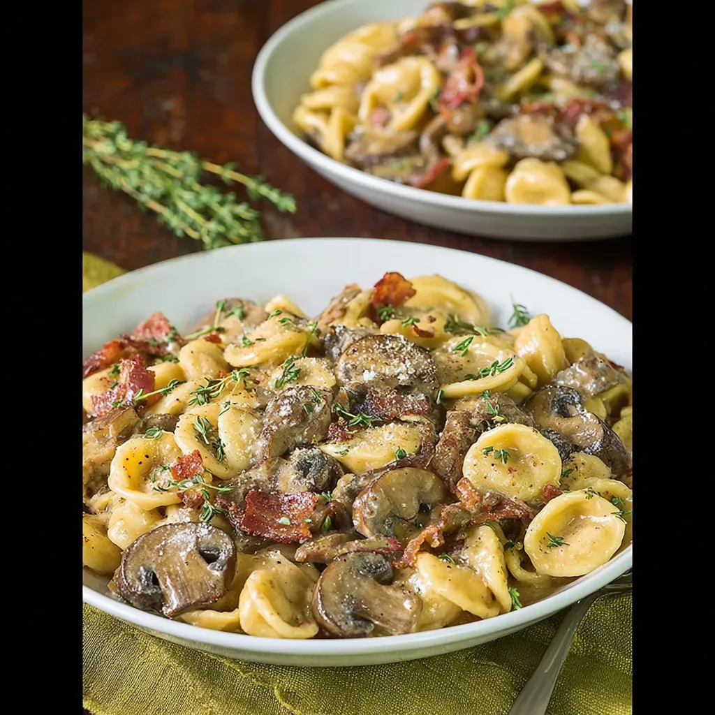 A bowl of pasta with mushrooms and tomatoes.