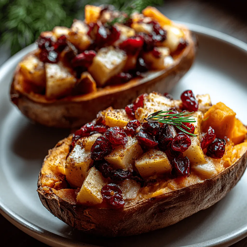 Two sliced potatoes with fruit toppings.