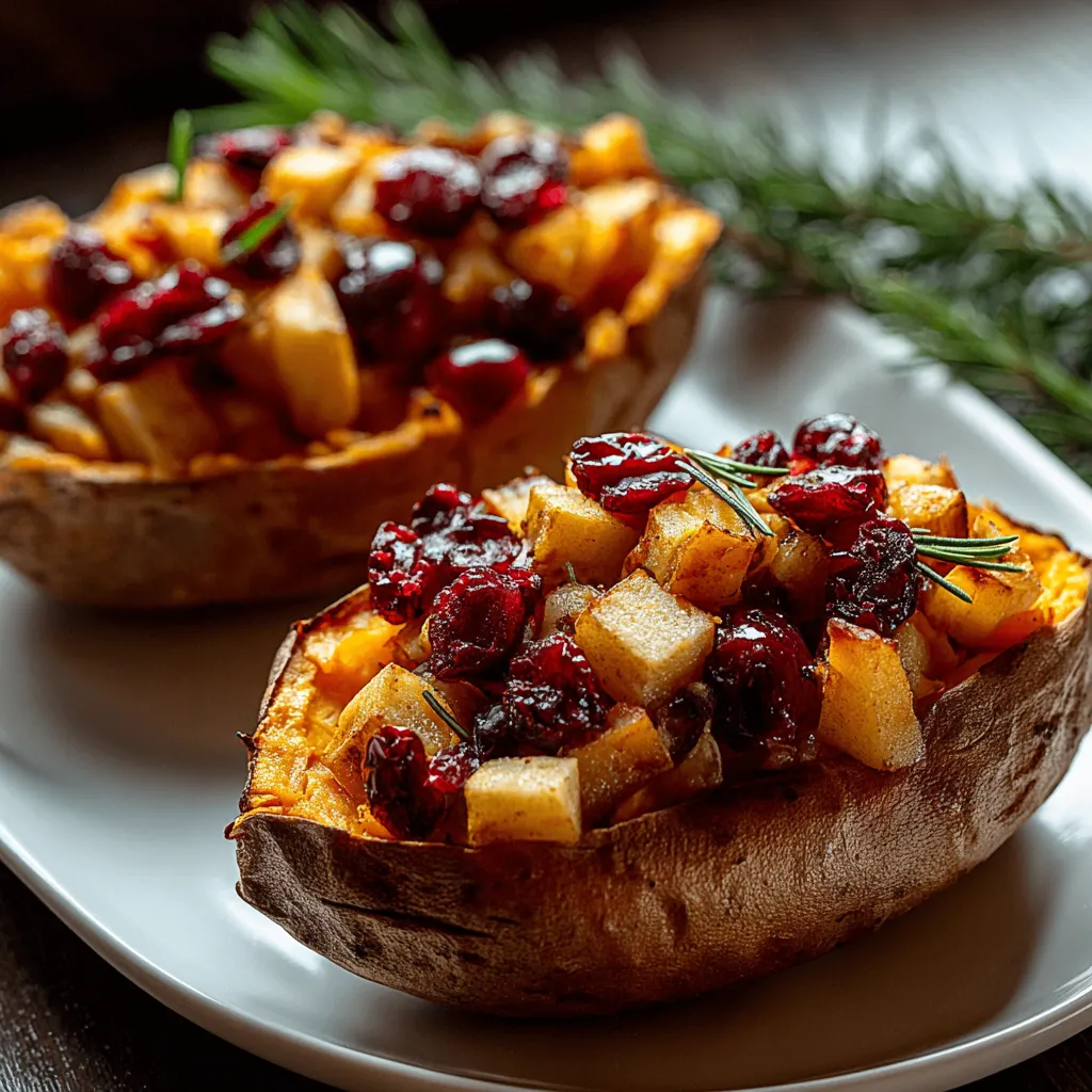 Two sliced potatoes with cranberry sauce.
