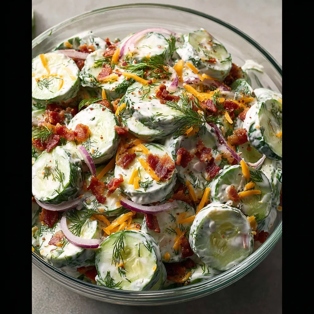 A bowl of food with cucumbers and cheese.