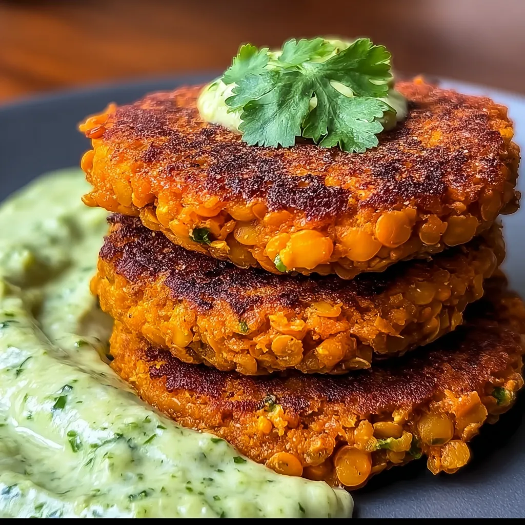 A stack of three orange cakes with a green sauce on top.