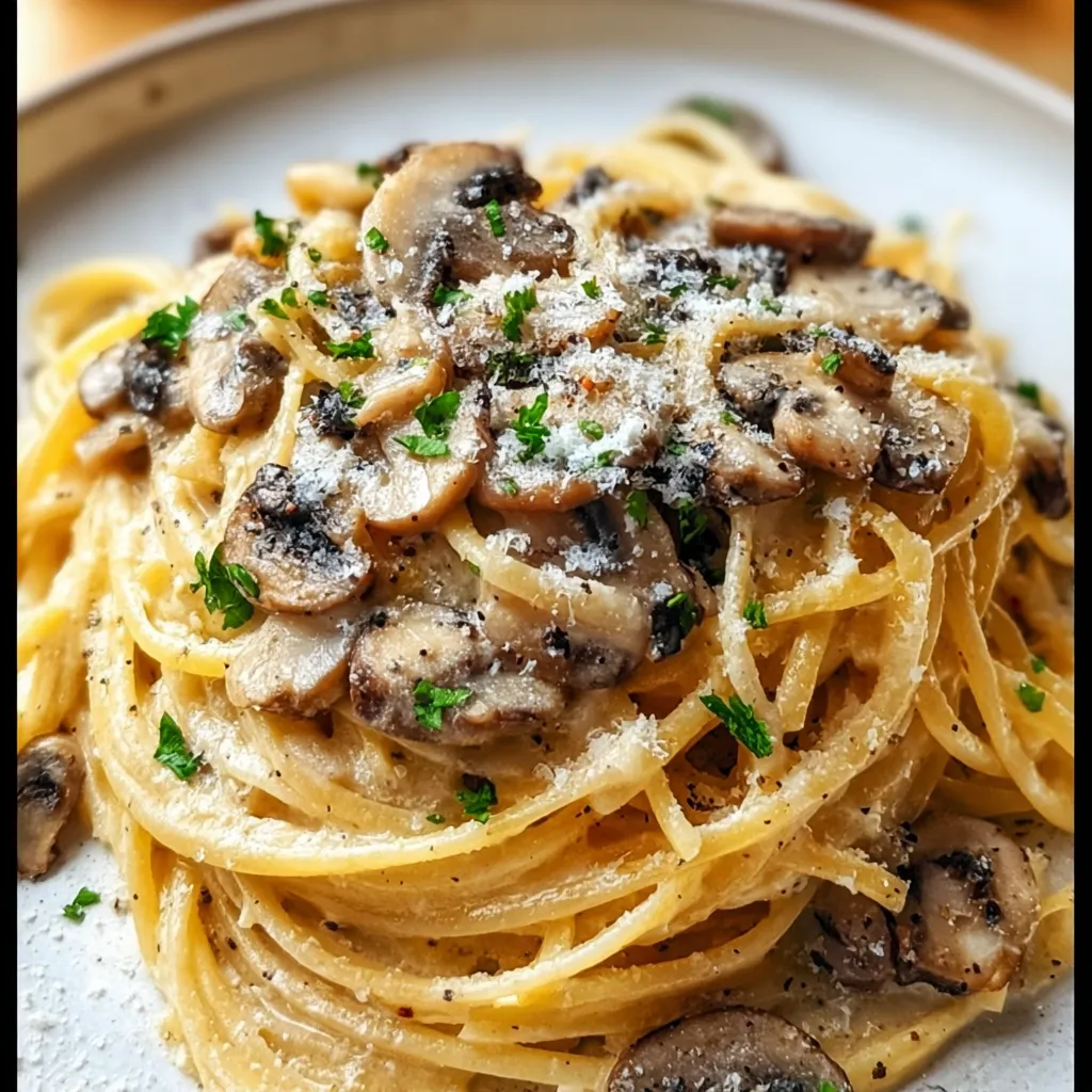 A plate of pasta with mushrooms and cheese.