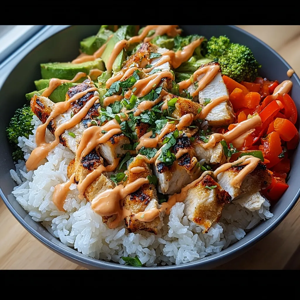 A bowl of rice and meat with a sauce.