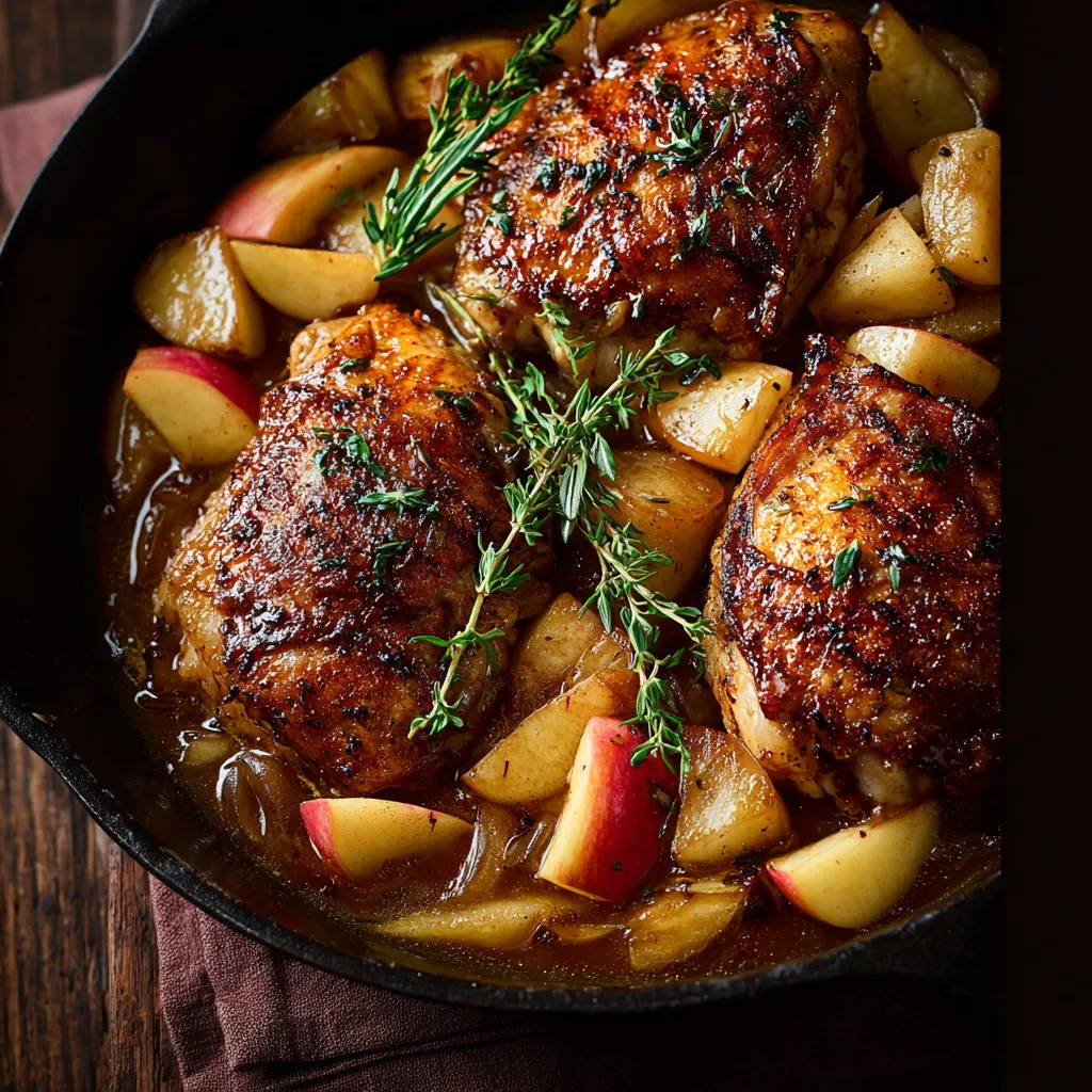 A pan of chicken with herbs and apples.