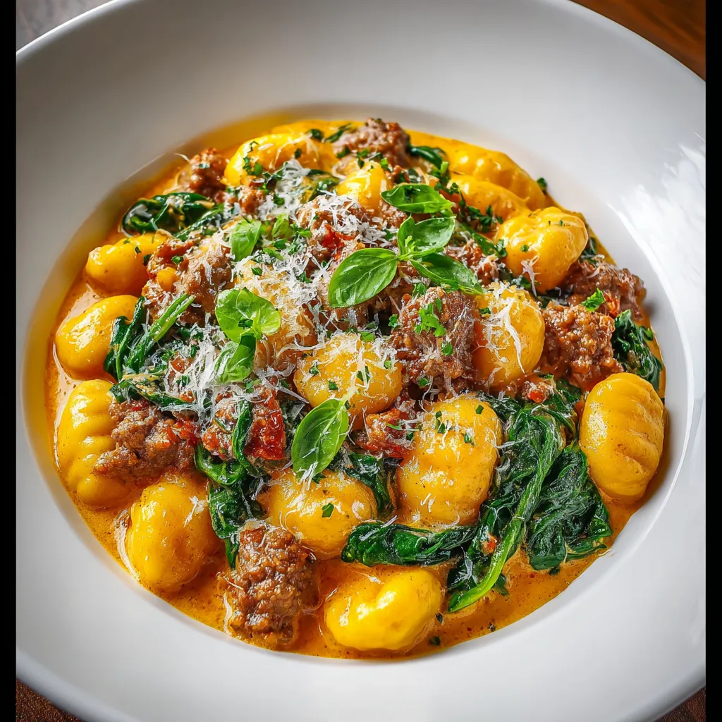A bowl of pasta with meat and greens.