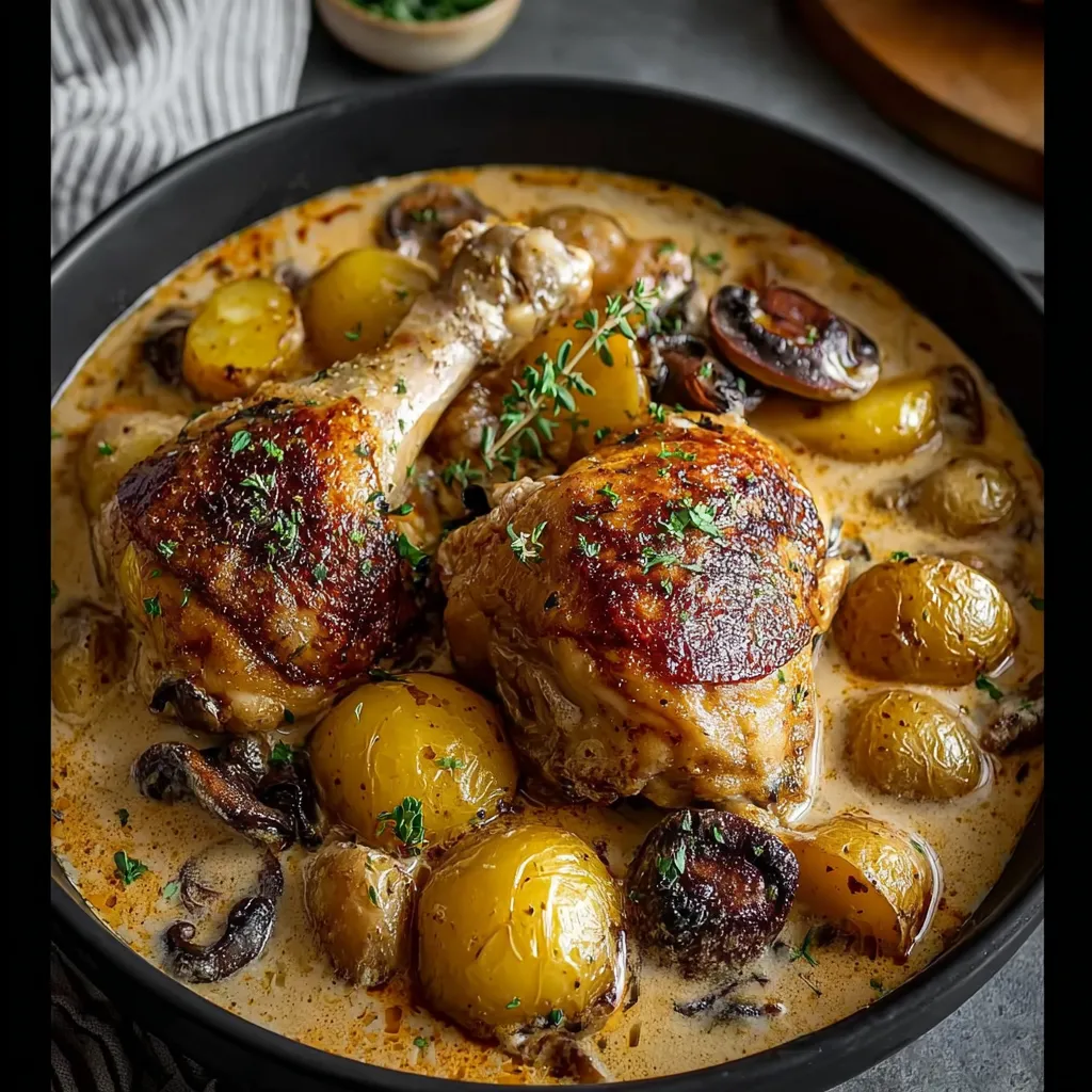 A bowl of food with chicken and potatoes.