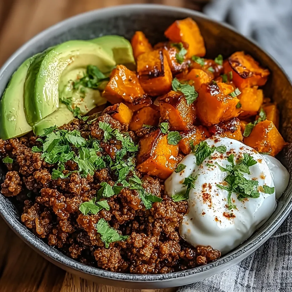 A bowl of food with meat, avocado, and carrots.