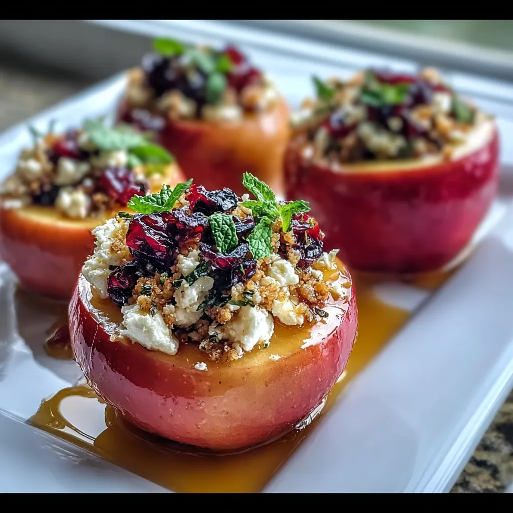 Three apples with cheese and nuts on top.