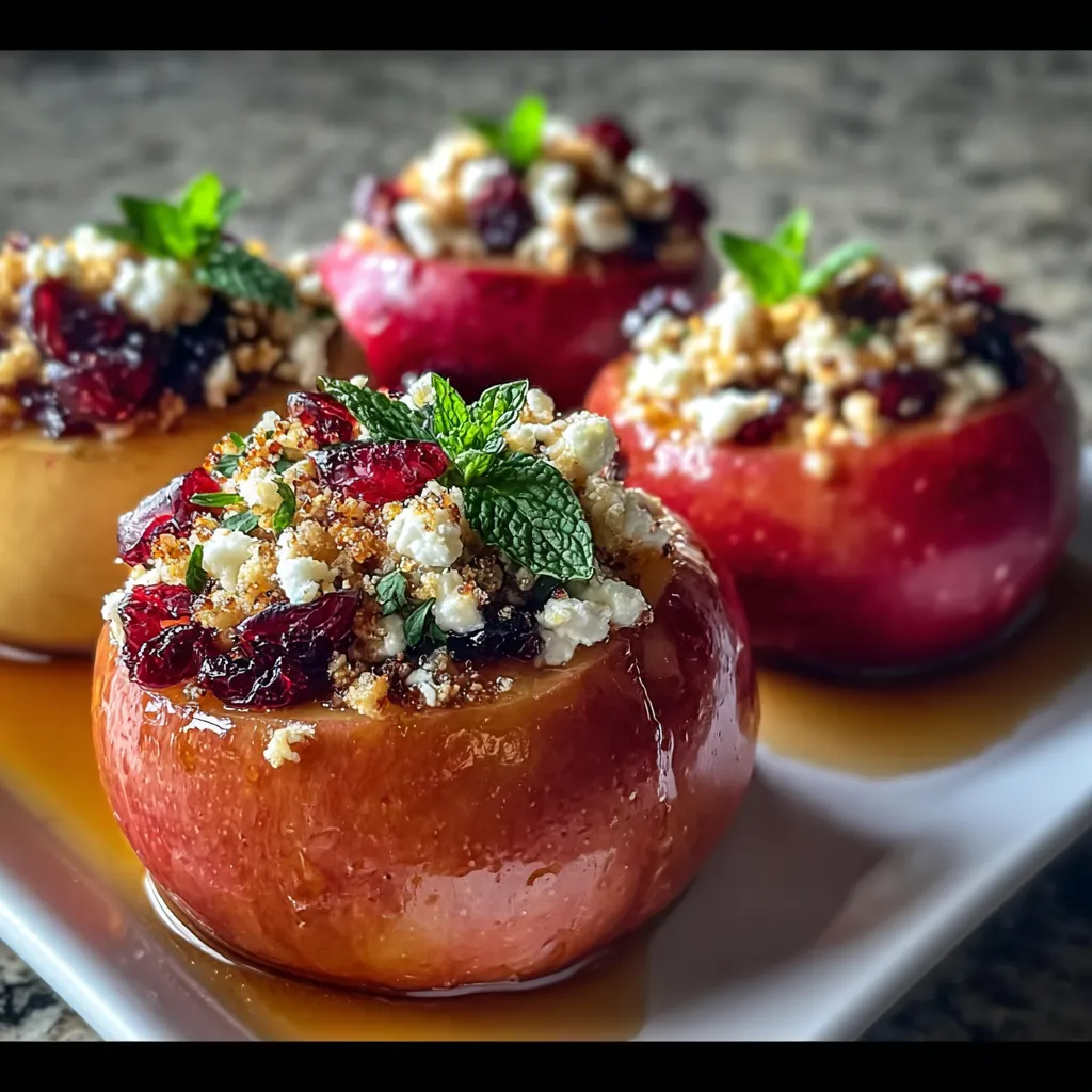 Three apples with toppings on a plate.