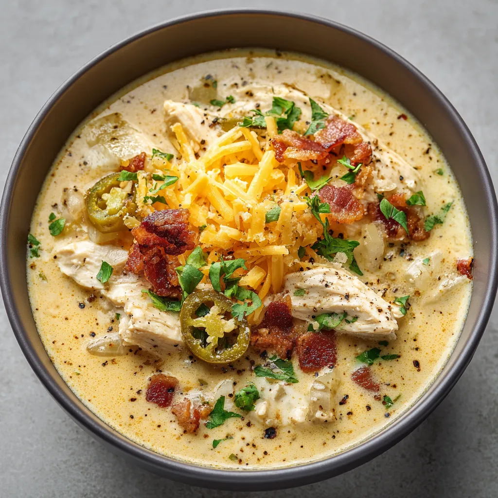 A bowl of soup with chicken and bacon.