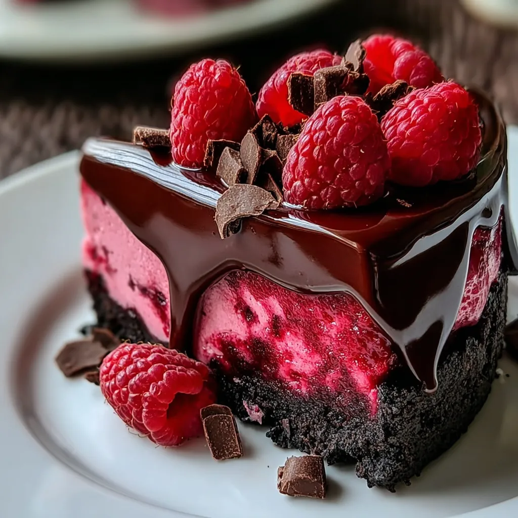 A slice of chocolate cake with raspberries on top.