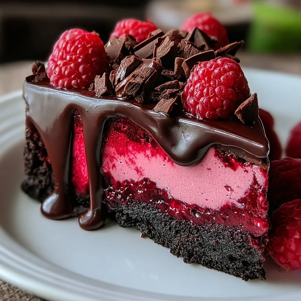 A slice of chocolate cake with raspberries on top.