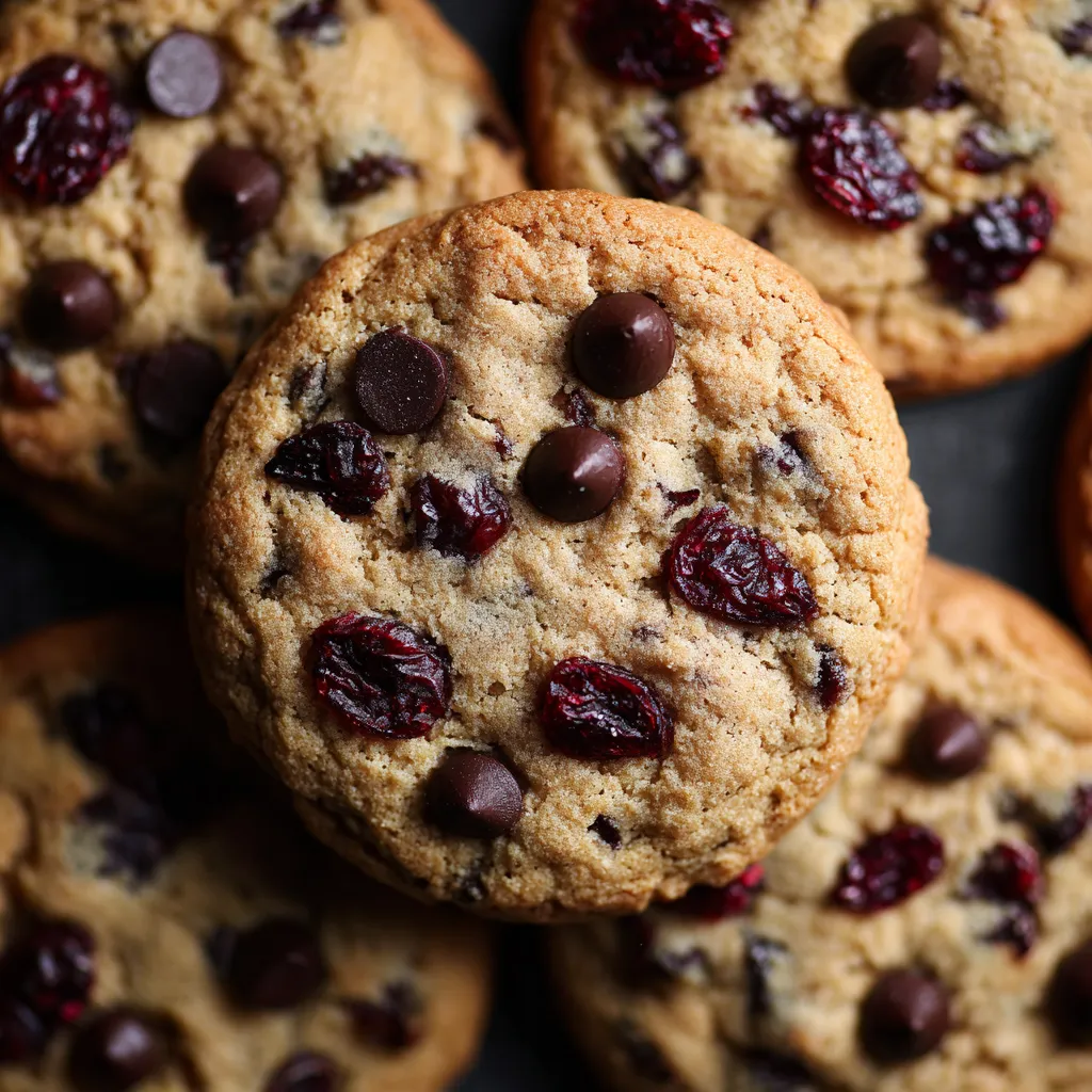 A close up of a chocolate chip cookie.