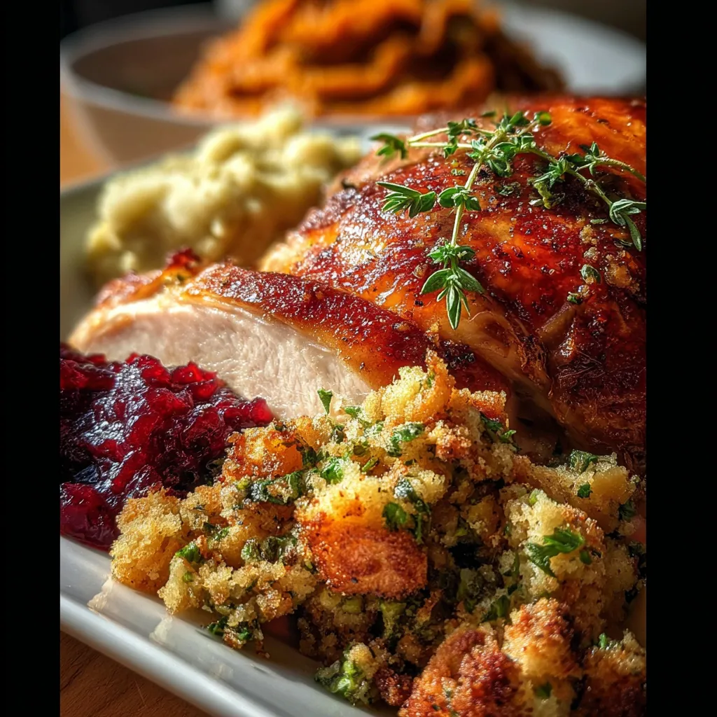 A plate of food with a turkey and stuffing.