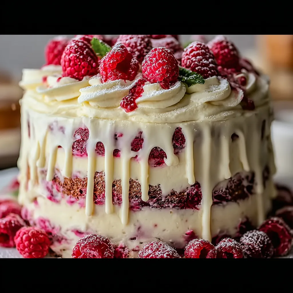 A cake with white frosting and red raspberries.