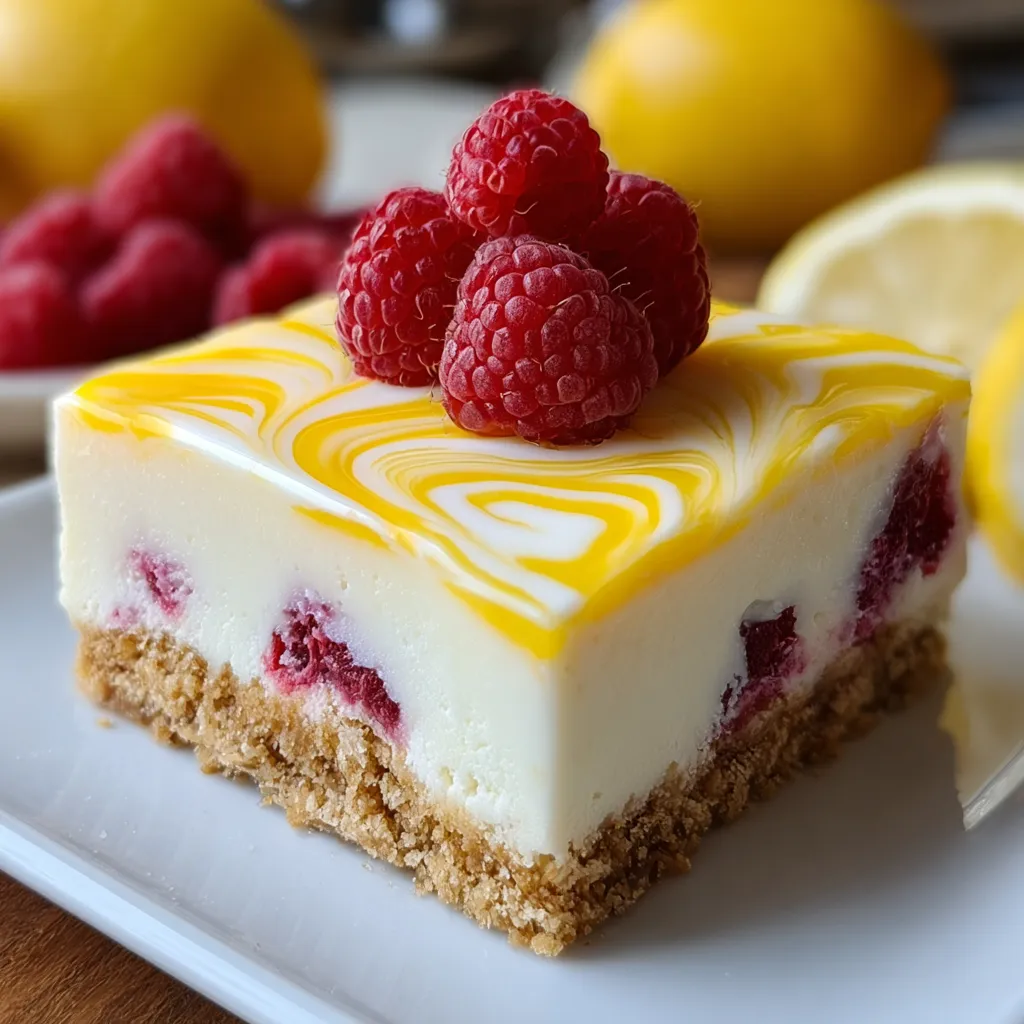 A slice of cake with raspberries on top.