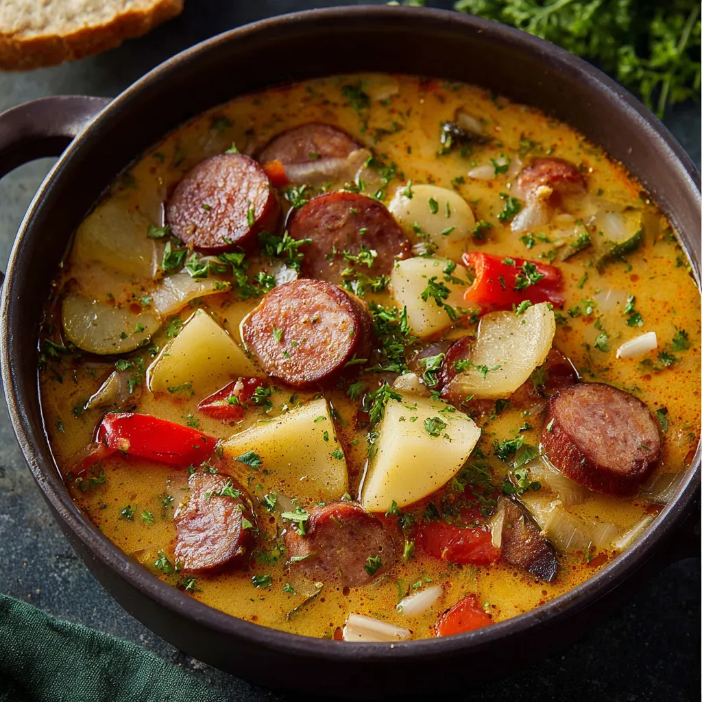 A bowl of soup with sausage and vegetables.