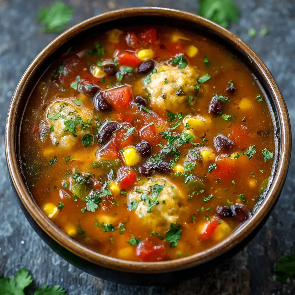 A bowl of soup with meatballs and vegetables.