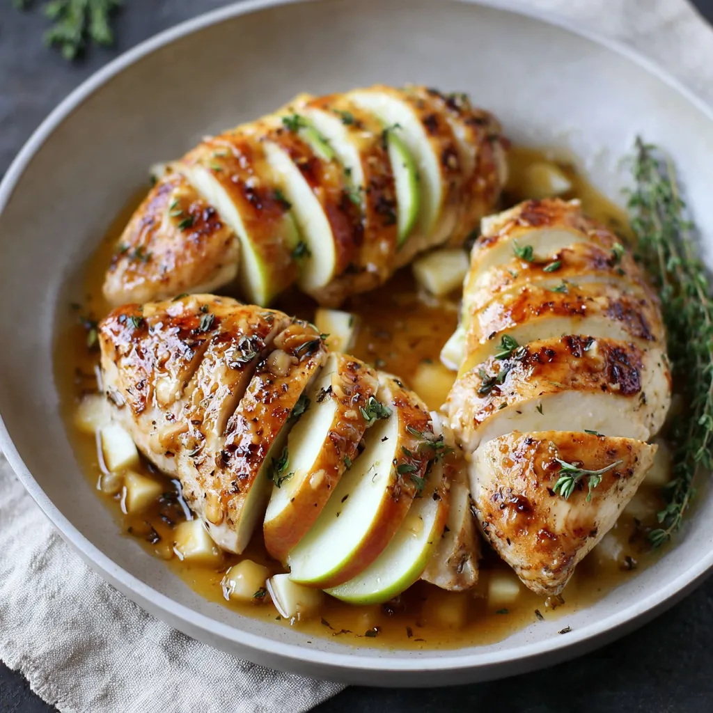A plate of chicken with apples and herbs.