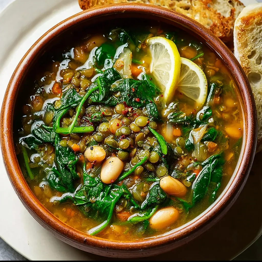 A bowl of soup with a lemon wedge on top.