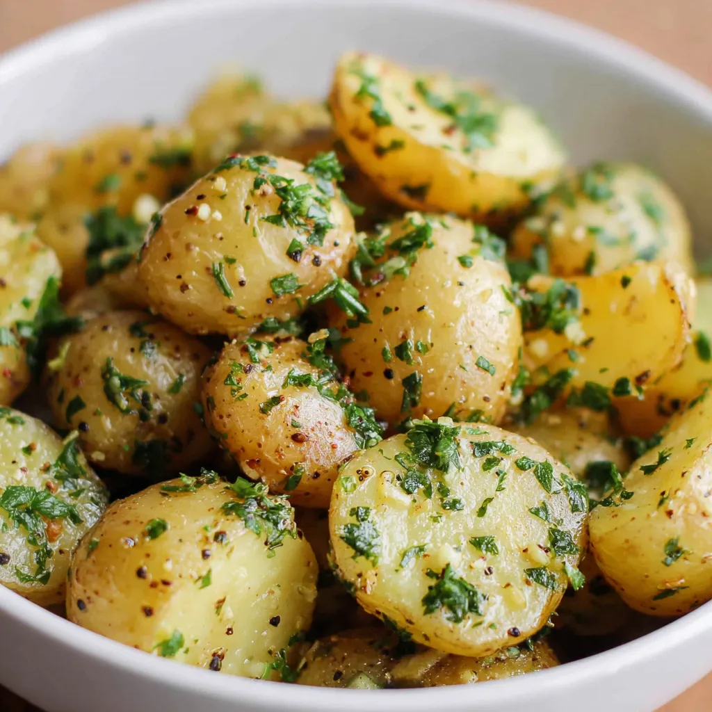 A bowl of potatoes with herbs.